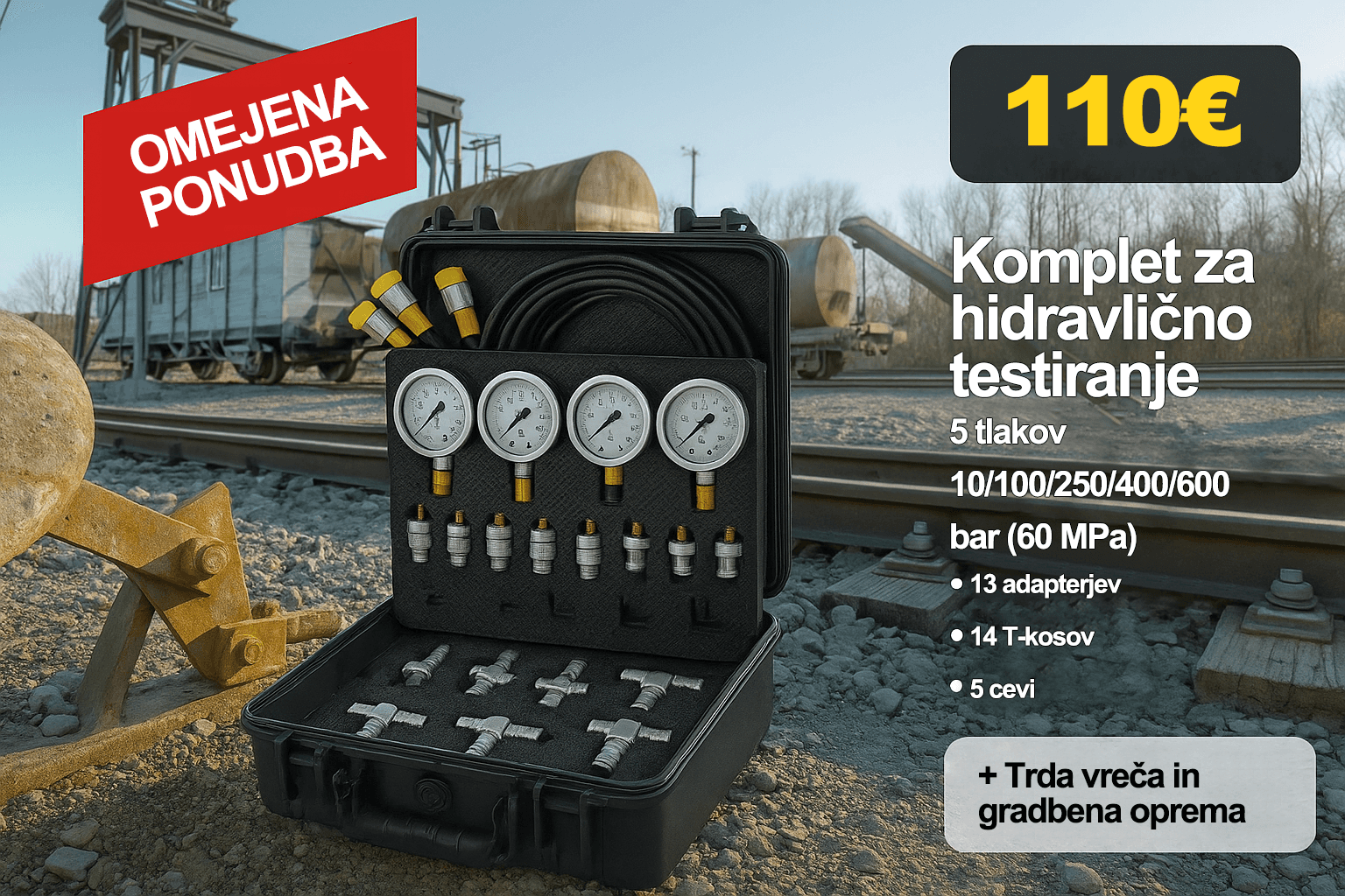Hidravlični testni komplet s 3 manometri, 9 merilnimi glavami, 3 merilnimi cevmi, 5 manometri (10/100/250/400/600 bar), 60 MPa, 13 merilnimi glavami, 14 T-spojkami, 5 merilnimi cevmi, v trpežnem prenosnem kovčku za bagre (EU)