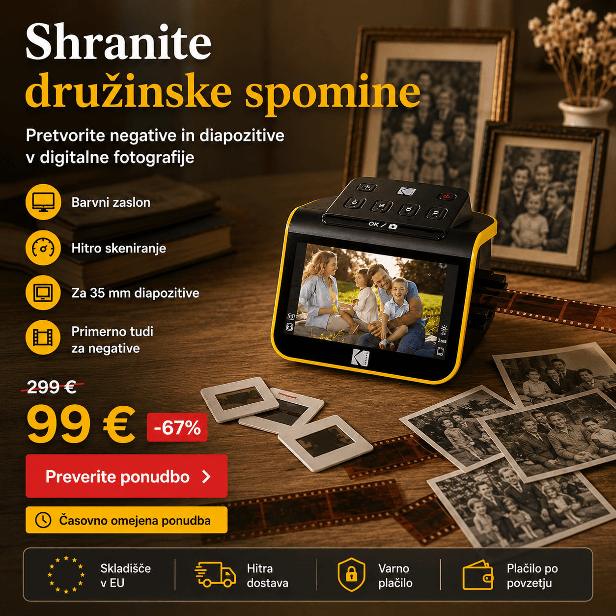 Kodak digitalni filmski skener, skener filmov in diapozitivov, pretvarja 35 mm, 126, 110 barvne in črno-bele negative in diapozitive v visokoločljivostne 22MP JPEG digitalne fotografije